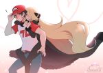  ! 1boy 1girl baseball_cap belt blonde_hair blush carrying closed_mouth coat commission cynthia_(pokemon) eyebrows_visible_through_hair flying_sweatdrops fur-trimmed_coat fur_trim hair_ornament hand_on_headwear hat heart hetero kawaiikittyx3 long_hair long_sleeves pants piggyback pokemon pokemon_(game) pokemon_dppt pokemon_sm red_(pokemon) red_headwear second-party_source shirt short_hair short_sleeves signature smile t-shirt two-tone_shirt 