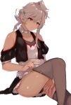  1boy adjusting_clothes adjusting_legwear ass bare_shoulders black_panties blonde_hair bulge choker commentary_request corrin_(fire_emblem) corrin_(fire_emblem)_(male) crossdressing fire_emblem fire_emblem_fates highres looking_down otoko_no_ko panties pantyshot pointy_ears red_eyes simple_background sitting thighhighs underwear upskirt w_(1999_kyu) white_background 