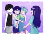  1girl 3boys alternate_eye_color antenna_hair arm_behind_back aubrey_(headspace)_(omori) aubrey_(omori) baseball_bat basil_(headspace)_(omori) basil_(omori) black_eyes black_hair black_tank_top blue_overalls blue_shirt blush bow bright_pupils checkered_clothes closed_mouth collarbone colored_skin commentary_request double-parted_bangs flower flower_wreath green_hair green_shirt hair_between_eyes hair_bow head_wreath highres holding holding_baseball_bat kel_(headspace)_(omori) kel_(omori) long_hair long_shirt multiple_boys omori omori_(omori) one_eye_closed open_mouth overall_shorts overalls pink_bow purple_hair revision segue5o shirt short_hair short_sleeves shorts sidelocks smile striped_clothes striped_shorts t-shirt tank_top teeth tongue tongue_out upper_teeth_only vertical-striped_clothes vertical-striped_shorts white_pupils white_shorts white_skin 