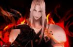  1boy armor black_background black_coat black_gloves chest_strap closed_mouth coat collarbone final_fantasy final_fantasy_vii final_fantasy_vii_remake fire gloves green_eyes grey_hair highres lips long_hair looking_at_viewer male_focus parted_bangs sephiroth shoulder_armor signature slit_pupils solo straight-on u66_vv upper_body 