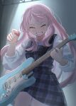  1girl absurdres bang_dream! bang_dream!_it's_mygo!!!!! blush chihaya_anon closed_eyes commentary dress electric_guitar fender_stratocaster grey_dress guitar highres holding holding_guitar holding_instrument holding_plectrum instrument light_particles long_hair open_mouth pink_hair plaid_clothes plaid_dress plectrum shirt solo sweat three-quarter_sleeves tomori_(inoutomori) white_shirt 