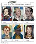  1girl 5boys :| aegyo_sal black_eyes black_hair blonde_hair character_name closed_mouth corellevairel cowboy_shot cuno curly_hair dark-skinned_male dark_skin disco_elysium english_text expressionless freckles green_eyes grey_hair grin hat headphones headphones_around_neck highres jewelry jules_pidieu looking_to_the_side multiple_boys multiple_drawing_challenge necklace noid_(disco_elysium) portrait renee_arnoux shirt short_hair six_fanarts_challenge smile soona_luukanen-kilde tooth_gap trant_heidelstam white_shirt 