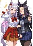 2girls animal_ears art_program_in_frame black_hair blue_blue blue_skirt blunt_bangs blush bow breasts brown_pantyhose brown_skirt cardigan cardigan_around_waist closed_mouth clothes_around_waist collared_shirt commentary_request ear_bow fenomeno_(umamusume) flipped_hair gold_ship_(umamusume) grey_cardigan grey_hair highres holding_another's_arm horse_ears horse_girl horse_tail large_breasts long_hair long_sleeves looking_at_viewer mare_ma multicolored_hair multiple_girls one_eye_closed open_mouth pantyhose pleated_skirt purple_eyes purple_nails red_bow red_cardigan red_nails school_uniform scrunchie shirt simple_background skirt smile sweatdrop tail umamusume v white_shirt wrist_scrunchie 