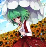  1girl blue_sky blurry blurry_background breasts buttons collared_shirt day eyebrows_visible_through_hair field flower flower_field green_hair highres holding holding_umbrella kazami_yuuka looking_at_viewer medium_breasts medium_hair motion_blur open_mouth outdoors red_skirt red_vest shen_li shirt skirt skirt_set sky solo sunflower sunflower_petals touhou umbrella vest white_shirt yellow_neckwear 