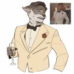 aldo_raine anthro beverage black_tie_(suit) blue_eyes bodily_fluids bow_tie brown_hair canid canine champagne_glass clothing container cup ddcrushh digital_drawing_(artwork) digital_media_(artwork) drinking_glass floppy_ears fur glass glass_container glass_cup grey_body grey_fur hair hi_res holding_beverage holding_object looking_aside male mammal multicolored_body multicolored_fur open_mouth pointy_ears reference_image short_hair simple_background snout solo suit sweat sweatdrop two_tone_body two_tone_fur white_body white_fur