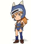  1girl armor asymmetrical_legwear bare_shoulders beeru_(veil8801) belt blue_helmet blue_leotard blue_socks blue_thighhighs breasts brown_belt brown_eyes brown_gloves brown_shoes closed_mouth collarbone commentary_request daisy_(dq) deformed dragon_quest dragon_quest_yuusha_abel_densetsu fake_horns faulds gloves hands_on_own_hips helmet highres horned_helmet horns kneehighs legs_apart leotard long_hair loose_socks loose_thighhigh orange_hair oversized_breast_cup shadow shoes simple_background single_kneehigh single_sock single_thighhigh small_breasts smile socks solo standing thighhighs uneven_legwear white_background 