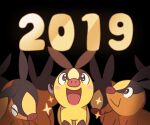  2019 :&gt; :d alternate_color blush_stickers closed_eyes commentary gen_5_pokemon looking_up no_humans number open_mouth pokemon pokemon_(creature) shiny_pokemon smile sparkle ssalbulre tepig tongue 