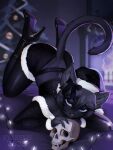 anthro ass_up black_body black_fur black_hair black_lipstick bone christmas christmas_clothing christmas_headwear christmas_tree clothing domestic_cat ear_bow evebevie felid feline felis female fireplace fishnet_stockings footwear fur furgonomics hair hat headgear headwear hi_res high_heels holidays inner_ear_fluff inside lingerie lipstick looking_at_viewer makeup mammal plant santa_hat shoes skull smile solo tree tuft