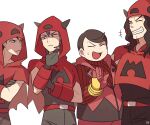  +++ 4boys bangs belt belt_buckle brown_hair buckle capelet chin_stroking closed_eyes closed_mouth commentary fake_horns frown gloves grin half-closed_eyes headset hood hood_up hooded_capelet horns multiple_boys open_mouth pants pokemon pokemon_(game) pokemon_oras pokemon_rse red_capelet short_hair smile ssalbulre sweatdrop tabitha_(pokemon) team_magma team_magma_grunt team_magma_uniform teeth tongue 