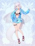  1girl ame_tyaya animal_ears bikini bikini_under_clothes black_bikini black_sandals blue_background blue_eyes blue_jacket breasts breasts_apart chain_paradox choppy_bangs commentary_request cross-laced_sandals fox_ears fox_girl fox_tail frilled_jacket frills front-tie_bikini_top front-tie_top full_body hand_in_pocket highres jacket knees_together_feet_apart large_breasts long_hair looking_at_viewer low_twintails multicolored_hair parted_lips partially_unzipped pinching_sleeves pink_sandals pink_streaks sandals see-through_clothes see-through_jacket shirao_mako sidelocks sleeves_past_wrists smile solo standing streaked_hair string_bikini swimsuit tail thigh_strap toenails twintails two-tone_sandals very_long_hair white_hair 