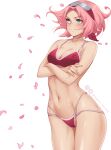  1girl absurdres artist_name bikini breasts cherry_blossoms cowboy_shot crossed_arms english_commentary eyebrows_visible_through_hair forehead_protector green_eyes haruno_sakura highres instagram_logo mandytsune medium_breasts naruto_(series) naruto_shippuuden navel petals pink_hair short_hair simple_background smile solo swimsuit twitter_logo watermark white_background 