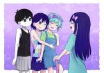  1girl 3boys alternate_eye_color antenna_hair arm_behind_back aubrey_(headspace)_(omori) aubrey_(omori) baseball_bat basil_(headspace)_(omori) basil_(omori) black_eyes black_hair black_tank_top blue_overalls blue_shirt blush bow bright_pupils checkered_clothes closed_mouth collarbone colored_skin commentary double-parted_bangs flower flower_wreath green_hair green_shirt hair_between_eyes hair_bow hashtag-only_commentary head_wreath highres holding holding_baseball_bat kel_(headspace)_(omori) kel_(omori) long_hair long_shirt multiple_boys omori omori_(omori) one_eye_closed open_mouth overall_shorts overalls pink_bow purple_hair segue5o shirt short_hair short_sleeves shorts sidelocks smile striped_clothes striped_shorts t-shirt tank_top teeth tongue tongue_out upper_teeth_only vertical-striped_clothes vertical-striped_shorts white_pupils white_shorts white_skin 