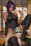  1boy 1girl artist_name black_leotard black_thighhighs bleach blonde_hair breasts closed_mouth commentary covered_navel english_commentary feet foot_out_of_frame hat head_between_thighs high_ponytail highres knee_up large_breasts leaf legs leotard lips maple_leaf no_shoes ponytail purple_hair sciamano240 shihouin_yoruichi sitting stirrup_legwear thighhighs thighs toeless_legwear toenails toes urahara_kisuke yellow_eyes 