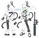  1girl absurdres asymmetrical_clothes black_tail cheri_zao cropped_jacket full_body green_eyes green_hair hashtag-only_commentary headgear highres jacket midoriko_(cheri_zao) original pants reference_sheet simple_background single_pantsleg veil white_background white_hair white_jacket white_pants white_veil 