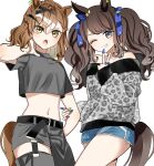  2girls alternate_costume animal_ears animal_print asymmetrical_clothes belt black_belt black_pants black_shirt blue_nails brown_eyes brown_hair brown_tail commentary_request crop_top cropped_shirt denim denim_shorts ear_ornament fang grey_shirt grey_shorts grin hair_between_eyes hair_ornament hairclip highres horse_ears horse_girl horse_tail jungle_pocket_(umamusume) leopard_print long_hair long_sleeves looking_at_viewer medium_hair midriff mosu2 multiple_girls navel off-shoulder_shirt off_shoulder one_eye_closed open_mouth pants puffy_long_sleeves puffy_sleeves shirt short_shorts short_sleeves shorts simple_background single_pantsleg smile tail thighs too_many_hair_ornaments tosen_jordan_(umamusume) twintails umamusume v white_background yellow_nails 
