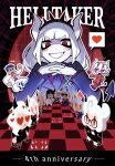  1girl absurdres anniversary azazel_(helltaker) beelzebub_(helltaker) black_necktie blush_stickers board_game cb9_sn1 cerberus_(helltaker) chess colored_skin copyright_name demon_girl demon_horns english_text gloves heart helltaker helltaker_(character) highres horns judgement_(helltaker) justice_(helltaker) lucifer_(helltaker) malina_(helltaker) modeus_(helltaker) mole mole_under_eye necktie outline own_hands_together pandemonica_(helltaker) red_eyes solo_focus speech_bubble spoken_heart suit teeth white_gloves white_hair white_outline white_skin zdrada_(helltaker) 