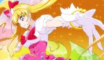  1girl asahina_mirai blonde_hair bow bowtie bracelet breasts clenched_hand closed_mouth collarbone cure_miracle earrings floating_hair fuchi_(nightmare) gloves hair_bow hairband hat high-waist_skirt high_ponytail jewelry large_breasts lens_flare long_hair mahou_girls_precure! mini_hat outstretched_arms outstretched_hand pink_background pink_hairband pink_headwear pink_skirt precure purple_eyes red_bow red_neckwear shiny shiny_hair shirt short_sleeves side_ponytail skirt smile solo sparkle upper_body very_long_hair white_gloves white_shirt witch_hat yellow_background 