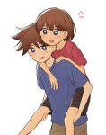 2boys black_eyes black_shorts blue_shirt bright_pupils brothers brown_hair carrying commentary_request hair_behind_ear hero_(faraway)_(omori) hero_(omori) highres kel_(faraway)_(omori) kel_(omori) male_focus multiple_boys omori piggyback red_shirt revision segue5o shirt short_hair short_sleeves shorts siblings simple_background t-shirt white_background white_pupils 