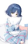  1girl blue_hair blue_pajamas bocchi_the_rock! chinese_commentary closed_mouth commentary crossed_arms expressionless eyes_visible_through_hair frilled_pillow frills full_body hair_between_eyes hair_ornament highres hugging_object ksjsa looking_at_viewer medium_hair mole mole_under_eye pajamas pillow pillow_hug simple_background sitting sleeves_past_wrists solo striped_clothes striped_pajamas twitter_username white_background x_hair_ornament yamada_ryo yellow_eyes 