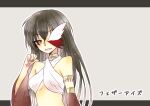  1girl ark_kan armlet bangs black_hair blush breasts brown_eyes commentary_request detached_sleeves eyebrows_visible_through_hair grey_background gypsy_(ragnarok_online) hair_between_eyes halter_top halterneck long_hair looking_at_viewer medium_breasts one_eye_covered open_mouth ragnarok_online red_sleeves solo translated two-tone_background upper_body 