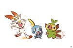  &gt;_o ;d blue_eyes blurry bright_pupils commentary fire gen_8_pokemon grookey holding holding_stick looking_down looking_to_the_side no_humans one_eye_closed open_mouth pokemon pokemon_(creature) scorbunny simple_background smile sobble squatting ssalbulre standing starter_pokemon_trio stick toes tongue trembling upper_teeth white_background white_pupils 