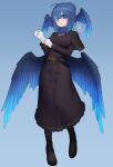 1girl adjusting_clothes adjusting_gloves ahoge belt black_belt black_capelet blue_background blue_eyes blue_hair blue_wings boots breasts brown_dress buttons capelet closed_mouth double-breasted double_bun dress full_body gloves head_wings large_breasts long_sleeves looking_at_viewer low_wings monocle original signature solo sparrowl spread_wings white_gloves wings 