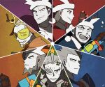  6+boys alternate_costume alternate_hair_color anger_vein archie_(pokemon) beard box commentary cyrus_(pokemon) eyepiece faba_(pokemon) facial_hair fake_horns fur-trimmed_headwear gen_2_pokemon ghetsis_harmonia gift giovanni_(pokemon) goatee grey_hair grin hat holding holding_box holding_gift horns lysandre_(pokemon) maxie_(pokemon) multiple_boys parted_lips pokemon pokemon_(game) pokemon_bw pokemon_dppt pokemon_rse pokemon_sm pokemon_xy red_headwear smile ssalbulre stantler sweat taser team_aqua team_flare team_galactic team_magma team_plasma teeth water_gun 