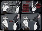  2026 4_panel_comic 5_fingers annoyed anthro artist_name awkward bat big_ears biped black_body black_clothing black_fur black_hair black_nose black_shirt black_tail black_topwear bottomwear brown_bottomwear brown_clothing brown_pants button_(fastener) cain_(suitedwolfie) canid canine canis cheek_tuft claws clothing collared_shirt comic dialogue digital_drawing_(artwork) digital_media_(artwork) doorway duo ellipsis english_text exclamation_point eye_bags eye_contact eye_through_hair eyebrow_through_hair eyebrows eyelashes eyelashes_through_hair eyewear facial_tuft fangs finger_claws fingers five_o'clock_shadow fluffy fluffy_tail fur gesture glasses gold_(metal) gold_button_(fastener) gold_glasses gold_jewelry gold_watch grey_body grey_fur grey_hair grey_inner_ear_fluff grey_tail hair hand_gesture hands_on_waist happy head_tuft hi_res humanoid_hands humor inner_ear_fluff jewelry k_(suitedwolfie) long_tail looking_at_another male mammal markings multicolored_body necktie nerd northwestern_wolf open_mouth pants pink_eyes pink_inner_ear pulling_pants_up pupils red_text shirt shirt_pocket short_tail slit_pupils snaggle_tooth speech_bubble suit suitedwolfie tail teeth text topwear translucent translucent_hair tuft two_tone_body watermark wearing_glasses white_clothing white_eyes white_markings white_necktie white_shirt white_suit white_text white_topwear wingless_bat wolf worried 