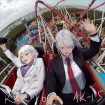  2girls ak-15_(erwin)_(girls'_frontline) ak-15_(girls'_frontline) black_suit girls'_frontline happy highres meme multiple_girls necktie official_alternate_costume park purple_eyes roller_coaster rpk-16_(girls'_frontline) rpk-16_(renate)_(girls'_frontline) suit white_hair white_suit wo_lai_diaoguo_yu 