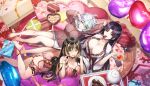  3girls :d :o amadea_wolfa babydoll balloon barefoot black_hair black_panties blonde_streaks box breasts brown_hoodie cake candy chocolate chocolate_cake cleavage cup dolphin_wave flower food game_cg gift gift_box green_streaks grey_hair heart heart-shaped_box heart-shaped_chocolate heart-shaped_food heart-shaped_pillow heart_balloon highres hirasaka_yuno holding holding_cup hood hoodie kurokuchi_muru large_breasts lingerie long_hair looking_at_viewer lying medium_hair mole mole_under_eye multicolored_eyes multicolored_hair multiple_girls non-web_source official_art on_back on_bed on_stomach one_eye_closed ootomo_takuji open_clothes open_mouth open_robe panties petals pillow pink_babydoll pink_flower pink_rose pink_streaks purple_streaks rainbow_eyes red_flower red_rose robe rose self-datamine smile underwear valentine very_long_hair white_robe yellow_eyes 