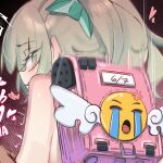  backpack bag cropped crying_emoji emoji facing_away gen_(unzzenasd) grabbing_another's_arm green_hair hair_tie heart highres implied_sex looking_at_viewer multicolored_eyes nude patterned pink_bag ponytail randoseru spoken_heart sunna_(zenless_zone_zero) twitching two-tone_eyes wing_ornament zenless_zone_zero 