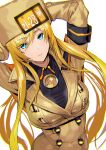  1girl ashiomi_masato blonde_hair blue_eyes breasts guilty_gear guilty_gear_strive hat long_hair looking_at_viewer millia_rage simple_background solo very_long_hair white_background 