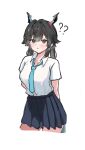  1girl :o ? ?? absurdres alternate_costume arknights arknights:_endfield arms_behind_back black_eyes black_hair black_skirt blue_necktie blush chen_qianyu_(arknights) collared_shirt commentary_request cropped_legs duda_(duda1) highres horns korean_commentary looking_at_viewer medium_hair necktie open_collar parted_lips pleated_skirt school_uniform shirt shirt_tucked_in short_sleeves skirt solo standing white_shirt 