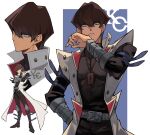  1boy aqua_eyes arm_up belt belt_buckle black_boots boots brown_hair buckle coat commentary_request covered_collarbone covered_pectorals crossed_arms highres kaiba_seto looking_at_viewer looking_down male_focus monogram multiple_views pectorals red_coat saka_nagiya short_hair two-sided_coat two-sided_fabric white_coat wiping_face yu-gi-oh! yu-gi-oh!_duel_monsters 