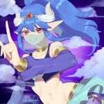  1girl arabian_clothes armlet blue_hair earrings fingernails genie harem_outfit horns jewelry long_hair looking_at_viewer midriff mouth_veil murata_tefu navel pointy_ears ponytail puyopuyo red_eyes signature smile smoke solo teeth veil 