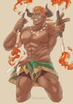  1boy abs anntee bara bare_pectorals blush cropped_legs dark-skinned_male dark_skin draph facial_hair fire goatee granblue_fantasy highres lantana_(granblue_fantasy) large_pectorals male_focus male_pubic_hair mature_male muscular muscular_male navel nipples nude pectorals pointy_ears precum pubic_hair short_hair smile solo stomach thick_thighs thighs tooth_necklace tribal 
