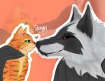 anthro black_clothing boop canid canine canis cape cheek_tuft chin_tuft clothed clothing daww death_(puss_in_boots) domestic_cat dreamworks duo elgatoconbotasamalamuertelobo eye_contact eyeliner facial_markings facial_tuft felid feline felis fur fuzzy green_eyes grey_body grey_fur half-closed_eyes head_markings heart_symbol looking_at_another looking_at_partner love makeup male male/male mammal markings mask_(marking) narrowed_eyes neck_tuft nose_to_nose nose_touch orange_body orange_fur pink_background puss_in_boots_(dreamworks) puss_in_boots_(franchise) red_eyes semi-anthro side_view simple_background size_difference smile tabby_cat tuft whiskers wolf