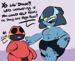  1upgobbo abs amphibian anthro asking_another blue_body blue_hair dialogue digital_drawing_(artwork) digital_media_(artwork) duo female frog hair haley_(1upgobbo) male mask navel overweight red_body ren_(1upgobbo) size_difference spots teeth thick_thighs yellow_cheeks yellow_eyes yoga_shorts 
