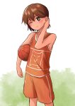  1boy adjusting_hair ball basketball_(object) black_eyes blush bright_pupils brown_hair closed_mouth commentary_request dark-skinned_male dark_skin highres holding holding_ball kel_(faraway)_(omori) kel_(omori) looking_at_viewer male_focus omori orange_shorts segue5o shorts solo sweat white_pupils 