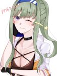  breasts choker cleavage commentary_request e69465 fingerless_gloves gloves green_eyes hairband hand_on_own_face heaven_burns_red highres long_hair mole mole_under_mouth murofushi_risa one_eye_closed open_mouth purple_eyes simple_background 
