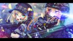  2girls absurdres baseball_cap black_gloves black_hat blonde_hair blurry blurry_background blush brown_hair closed_mouth commentary_request depth_of_field ear_protection floating_hair gloves green_eyes grey_helmet grey_shirt gun hair_between_eyes hat headset helmet highres holding holding_gun holding_weapon iwasawayuki letterboxed long_hair multicolored_hair multiple_girls open_mouth original police purple_eyes rifle shirt short_sleeves sig_mcx streaked_hair upper_body weapon white_hair white_shirt 