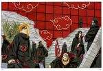  1girl 6+boys absurdres akatsuki_uniform black_coat black_hair blonde_hair border coat deidara_(naruto) forehead_protector hair_over_one_eye hidan_(naruto) highres hoshigaki_kisame kakuzu_(naruto) kishimoto_masashi konan_(naruto) multiple_boys naruto_(series) naruto_shippuuden official_art outside_border pain_(naruto) print_coat purple_hair tobi_(naruto) uchiha_itachi uchiha_obito white_border zetsu_(naruto) 