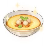  artist_request bowl commentary custard dessert english_commentary food food_focus genshin_impact leaf lotus_seeds lowres mint no_humans official_art sparkle still_life third-party_source transparent_background 