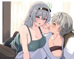  1boy 1girl absurdres aqua_tank_top blue_ribbon blush breasts brown_hairband caelus_(honkai:_star_rail) erushira firefly_(honkai:_star_rail) gradient_eyes gradient_hair green_pupils grey_hair hair_between_eyes hair_intakes hair_ornament hair_ribbon hair_tubes hairband hashtag-only_commentary highres honkai:_star_rail honkai_(series) large_breasts long_hair multicolored_eyes multicolored_hair on_bed open_mouth pillow ribbon short_hair tank_top teeth trailblazer_(honkai:_star_rail) 