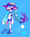  1girl amakusa_(hidorozoa) arms_at_sides bad_id bad_source black_shorts blue_background blue_bow blue_eyes blue_footwear blue_hair blue_ribbon blue_theme boater_hat bow diamond_(shape) dot_mouth full_body hat hat_bow hat_ribbon inkling long_hair looking_at_viewer ribbon shirt shorts solo splatoon_(series) splatoon_1 splatoon_2 splattershot_(splatoon) standing striped vertical_stripes white_shirt 