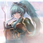  1girl alternate_hairstyle aqua_eyes aqua_hair armor bangs bracelet breastplate cape commentary cosplay earrings eirika_(fire_emblem) elbow_gloves ephraim_(fire_emblem) ephraim_(fire_emblem)_(cosplay) eyebrows_visible_through_hair feh_xeri fire_emblem fire_emblem:_the_sacred_stones fire_emblem_heroes gloves hair_ornament highres holding holding_weapon jewelry lance long_hair looking_at_viewer official_alternate_costume polearm ponytail shoulder_armor sidelocks smile solo upper_body weapon 