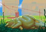  ambiguous_gender belly big_belly big_tail building citrus_(slugcat) citrusslugcat dewlap_(anatomy) eyes_closed feral glistening glistening_body grass green_body huge_belly light overweight overweight_ambiguous overweight_feral plant rain_world shadow sleeping slugcat solo squish sunlight tail tail_squish under_shade videocult 