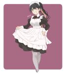  1girl alternate_costume alternate_hairstyle apron black_dress black_hair blush border breasts cowboy_shot dress enmaided eyebrows_visible_through_hair fang film_grain frilled_apron frilled_dress frills grey_legwear halterneck highres kantai_collection large_breasts long_hair long_sleeves maid maid_apron maid_headdress mochizou multicolored_hair naganami_(kancolle) neckerchief pantyhose pink_background pink_hair ponytail puffy_long_sleeves puffy_sleeves red_neckwear shirt solo twitter_username two-tone_hair waist_apron white_apron white_border white_shirt wrist_cuffs yellow_eyes 