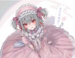  1girl alternate_costume alternate_hairstyle anger_vein bandaid bandaid_on_face blush colored_inner_hair commentary_request dress embarrassed frilled_dress frills grey_hair hair_ornament hair_ribbon hairband lolita_fashion lolita_hairband long_hair looking_at_viewer mahou_shoujo_no_majo_saiban multicolored_hair pink_dress pink_hairband pink_ribbon puffy_short_sleeves puffy_sleeves red_eyes ribbon shito_alisa short_hair short_sleeves sitting solo speech_bubble tojitama5 translation_request two_side_up x_hair_ornament 