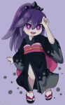  1girl black_kimono full_body highres hyakkihime japanese_clothes kimono long_hair long_sleeves looking_at_viewer open_mouth purple_background purple_eyes purple_hair sandals simple_background solo user_nfmx7434 youkai_(youkai_watch) youkai_watch 